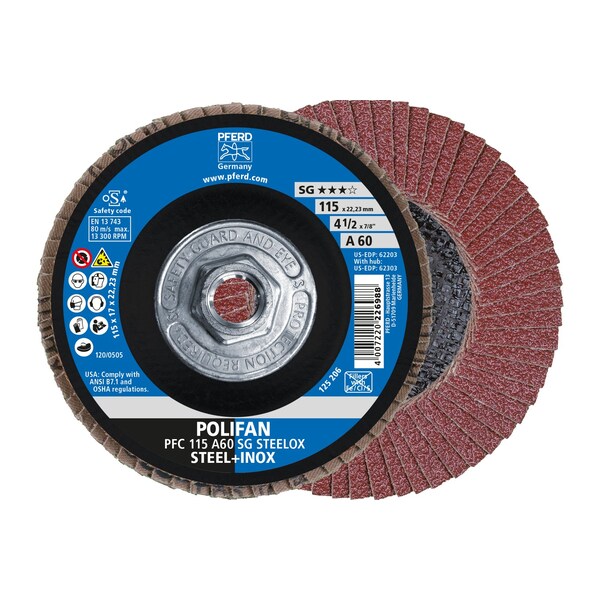 Pferd 4-1/2" x 5/8-11 Thd. POLIFAN Flap Disc - A SG STEELOX, Aluminum oxide, 60 Grit, Conical 62303 - main